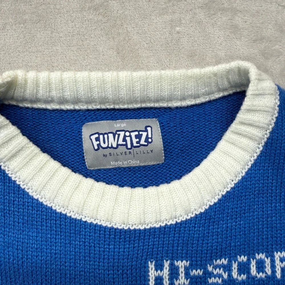 Funziez Ugly Christmas Sweater Mens Large Blue Retro Video Game 8-Bit Holiday